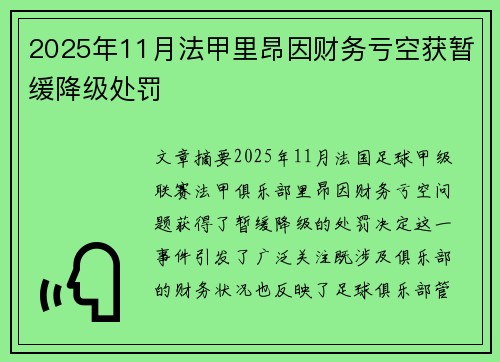 2025年11月法甲里昂因财务亏空获暂缓降级处罚
